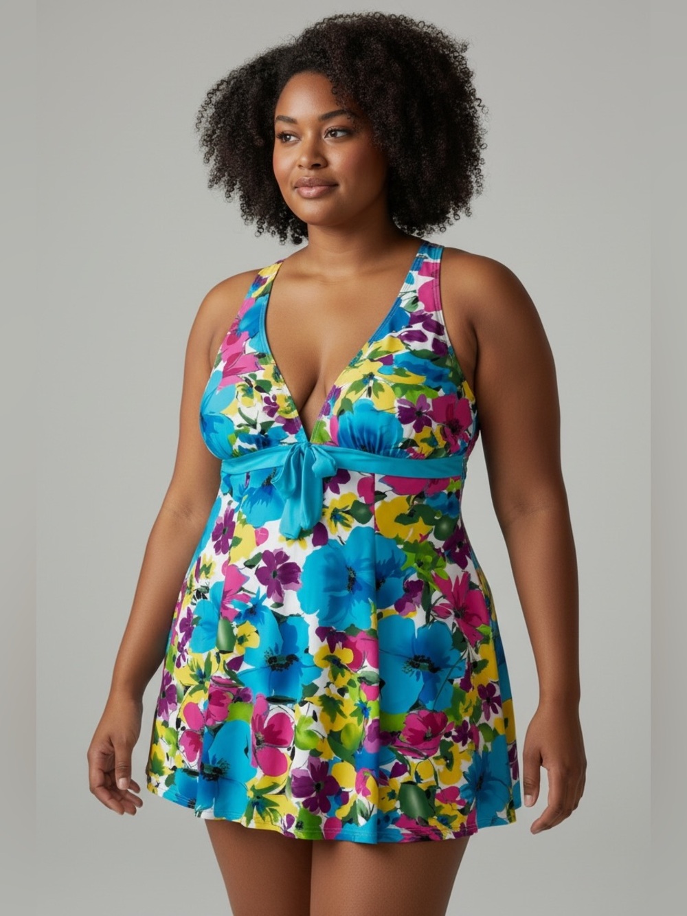 Plus Size Floral Tie-Front Swimdress in Multi-Color